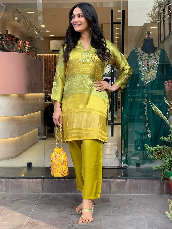 Chinon Silk Designer Festive Wear, Block Print Top and Pant Set