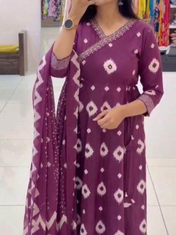 Floral Anghrakha suit, full length dupatta, cotton fabric, embroidery work, yoke and bottom design