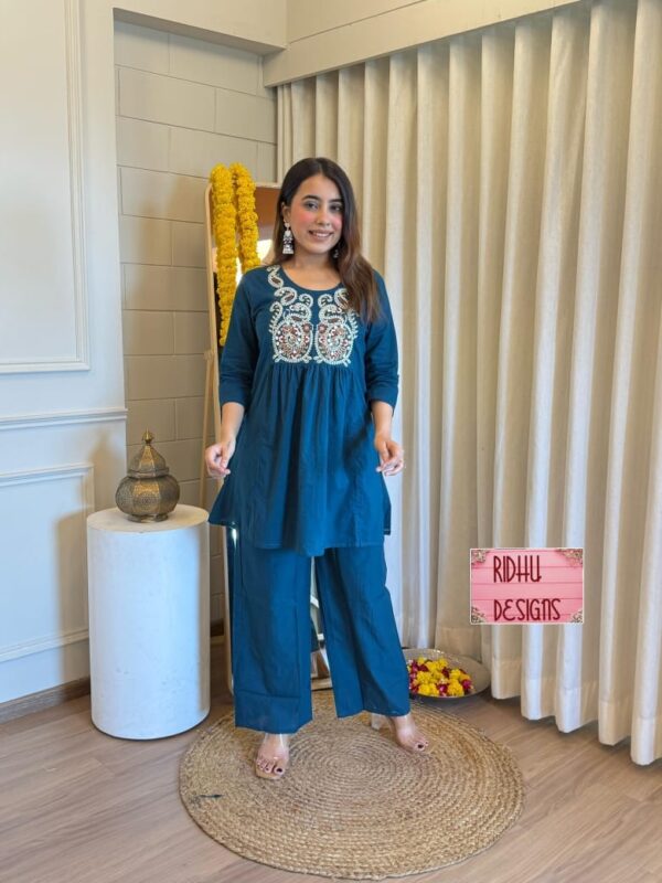 Embroidered cotton kurti with pant set, 3 colors
