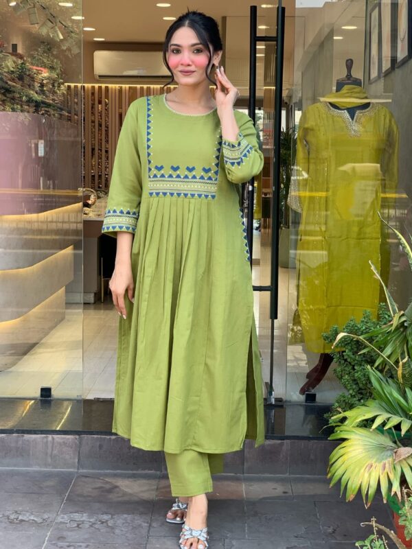 Block print, floral embroidery, cotton kurta set