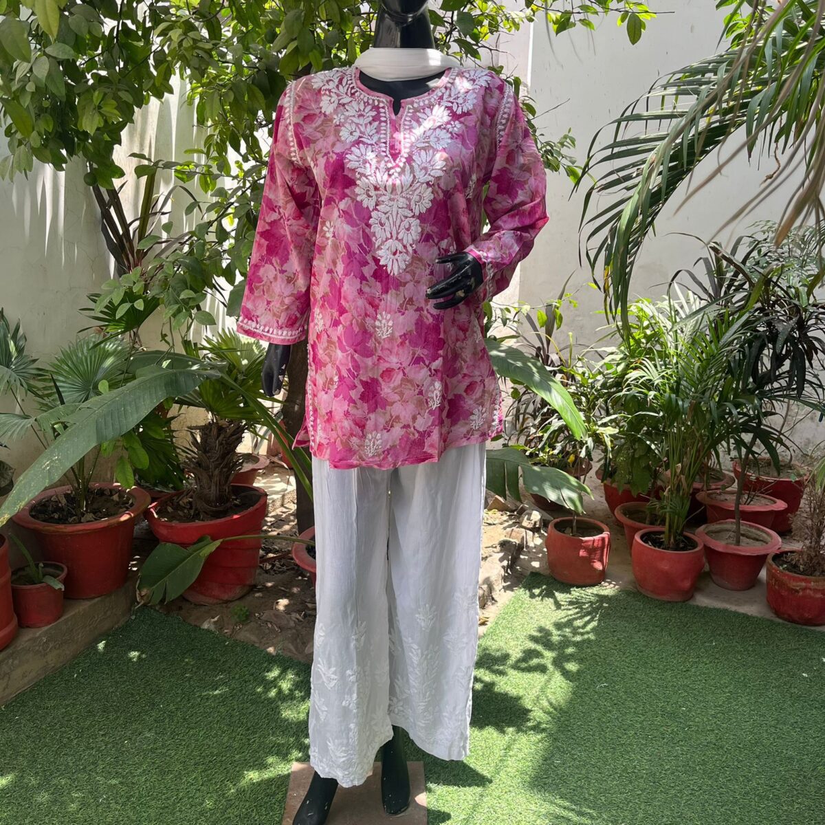 Mul Print Short Top, Modaal Plazzo, Siffon Dupatta, Women's 3-piece set