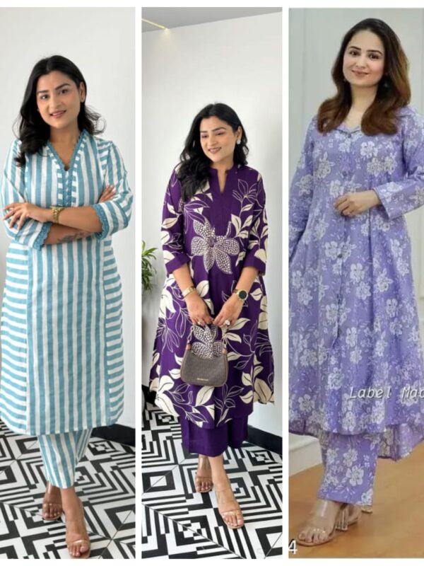 3-piece Block Print Kurta Set, M to XXL, Cotton Blend