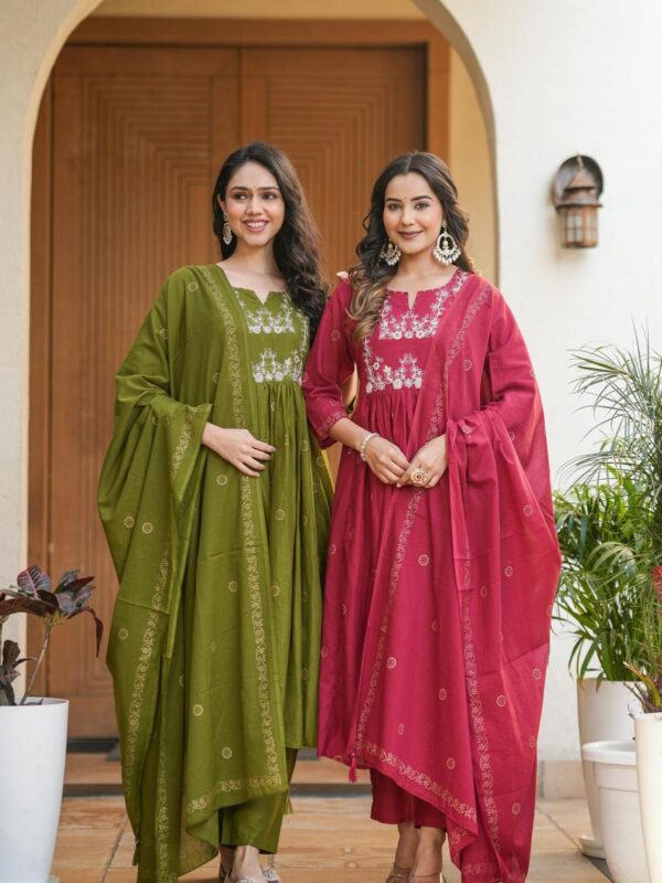 Block print Anarkali kurta set, cotton pant, malmal dupatta, tier pattern