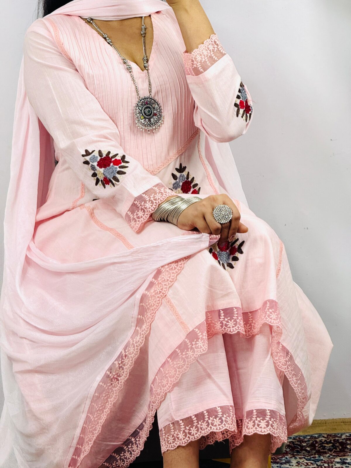 Beautiful Cotton Kurti, Pant, Dupatta Set, 3/4 Sleeves, 45 Length