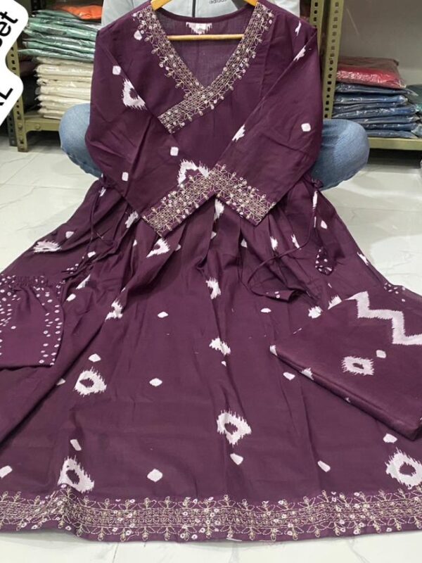Floral Anghrakha suit, full length dupatta, cotton fabric, embroidery work, yoke and bottom design