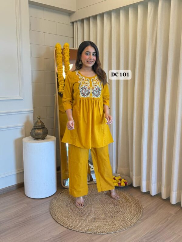 Embroidered cotton kurti with pant set, 3 colors