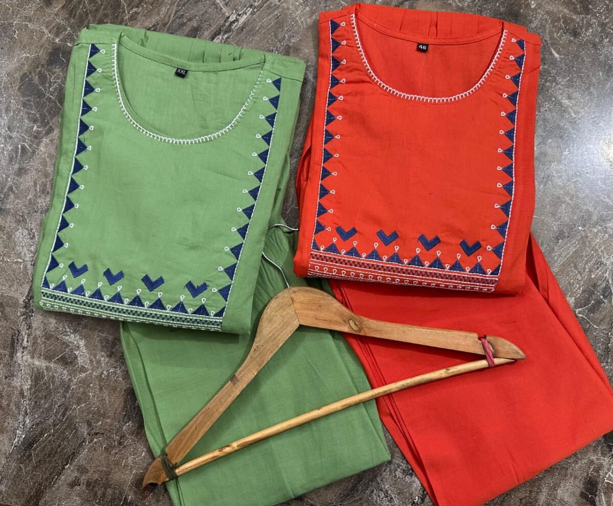 Block print, floral embroidery, cotton kurta set