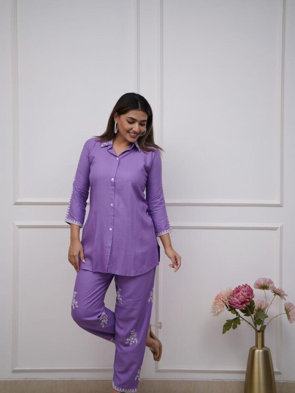 Embroidery detailed Cotton Co-ord Set, stylish kurta and pant, side pocket design, trendy wardrobe essential