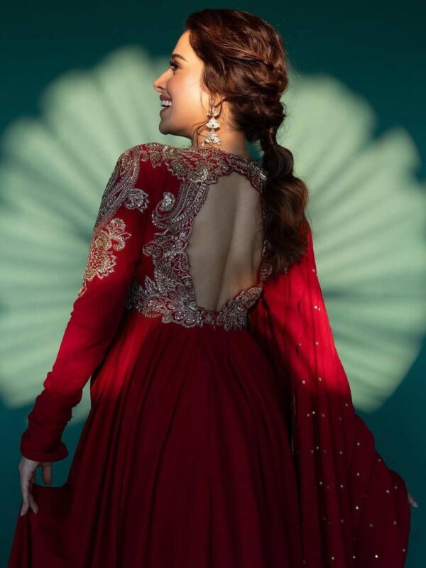 Fully Embroidered Chinon Gown, 3.5 Mtr Flair, 18 Inch Sleeve, XL to XXL Size, Dupatta Included