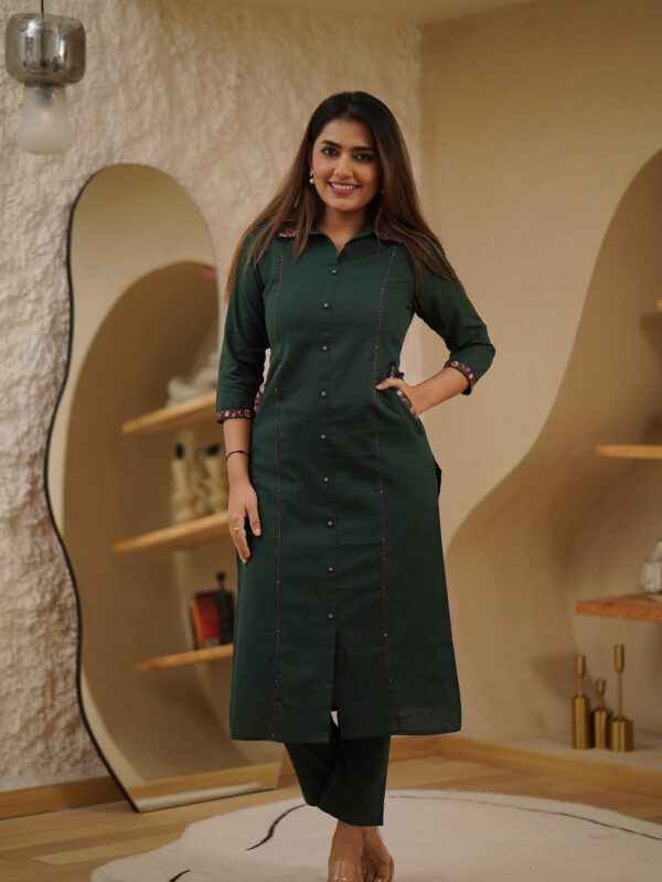 Cotton 60-60 A Line Kurti, Pant Set, Hand Machine Embroidery, Fully Stitched