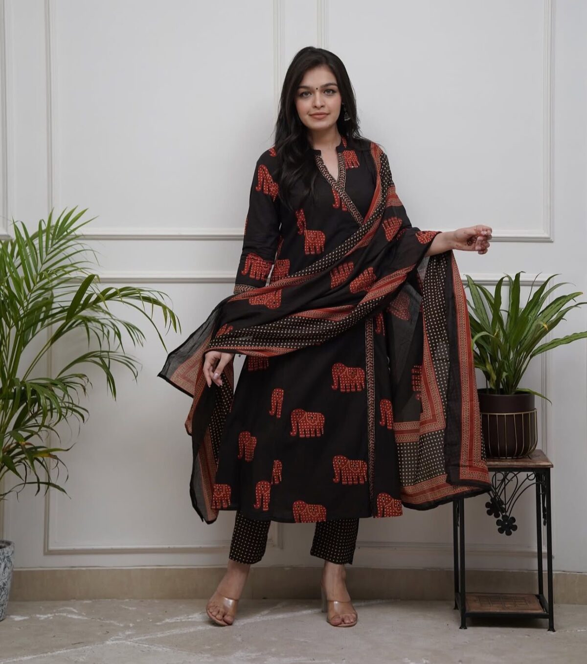 Elephant print, Cotton kurta set, A-line design, 3/4 sleeves, Dupatta, Pant