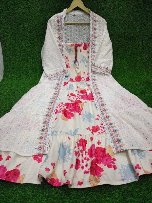 2-piece Cotton Shrug Set, Digital Printed Smoking Pattern, Embroidered Schiffli Detailing, Crocia Lace