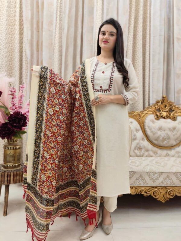 Premium Cotton Flex Kurti, Heavy Embroidery, Pant, Silk Chanderi Dupatta