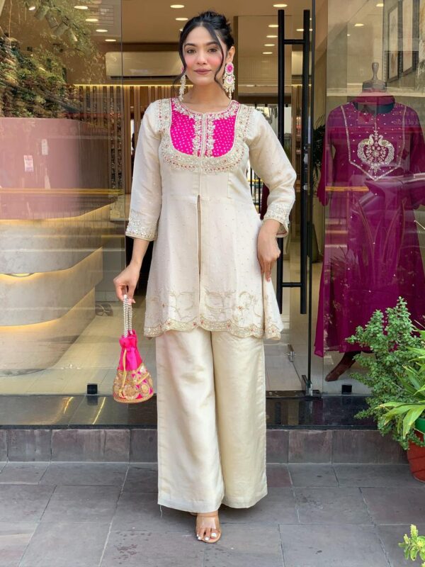 Gold Crush Party Wear Top, Pent Set, Fully Stitched, Heavy Embroidery