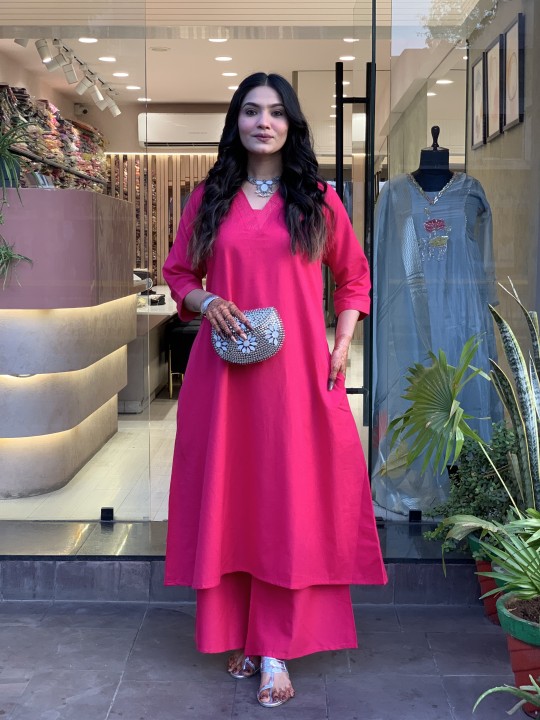 2-piece Pink Slub Cotton Co-ord Set, Work to Vacation Wear, Side Pocket Kurti