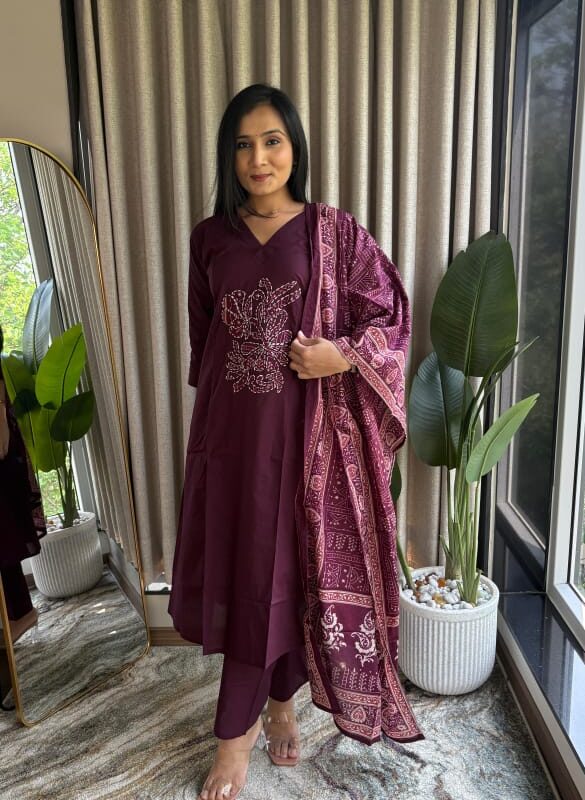 2-piece Cotton set, Aline Aplik work, one side pocket, Mal Bagru print dupatta