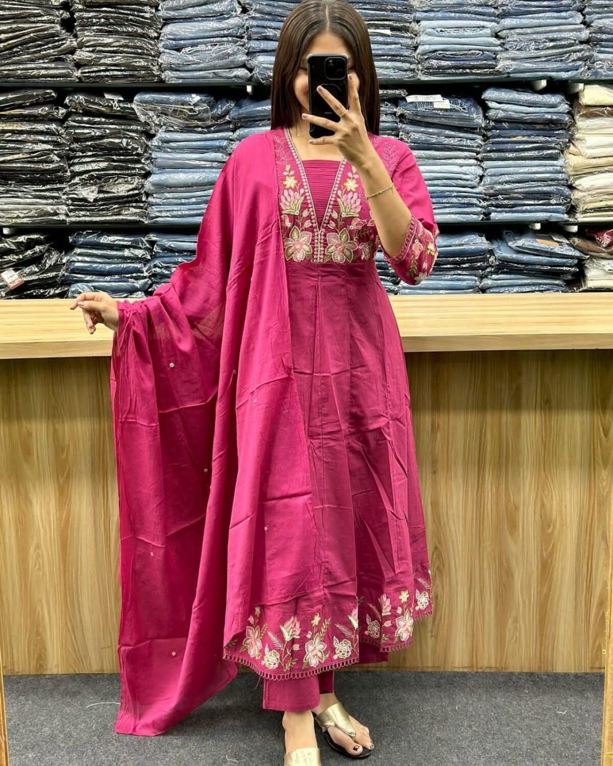 Embroidered Cotton Anarkali Kurta, Pant, Malmal Dupatta Set, Tier Pattern