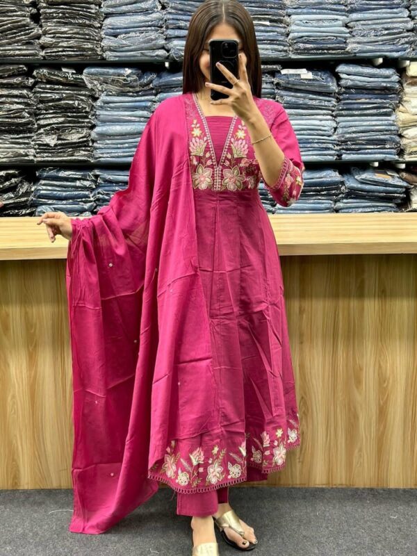 Embroidered Cotton Anarkali Kurta, Pant, Malmal Dupatta Set, Tier Pattern