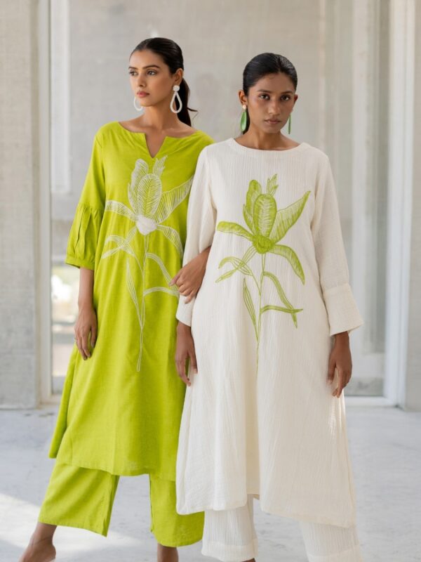 A-line Kurta, Cotton Flex, Embroidered, Matching Pant, One Side Pocket