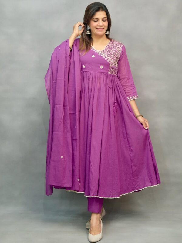 3-piece Cotton Angrakha Kurti Set, Heavy Embroidery, Tussells, Printed Dupatta