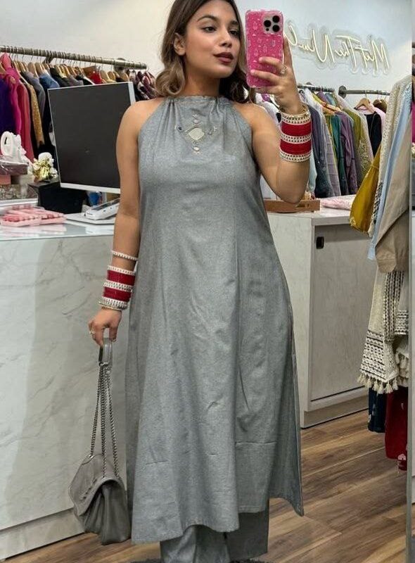 Pure Cotton, A-line kurta set, Plazoo neck, V-shape back, Mega sleeves