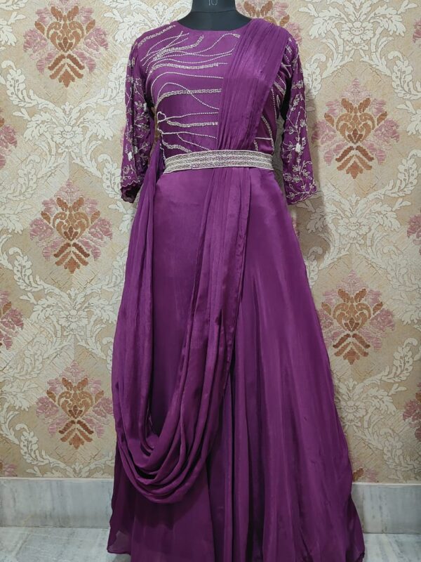 Chinnon, Drape Floor Length, Party Wear Gown, Heavy Motibeads, Pipe, Jardosi Handwork