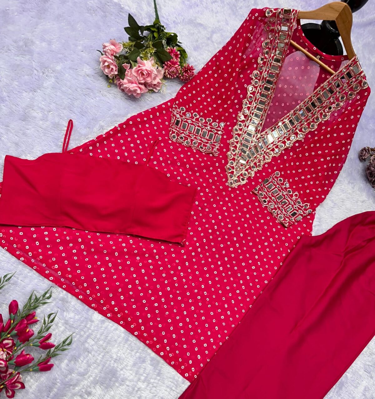Funky Baggy Style, Georgette Anarkali Kurti, Crape Fabric Pant, Padded Bustier, Mirror Lace Work