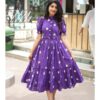 Daisy flower embroidery, Red & Lavender, Cotton Midi Kurti, Puff sleeves