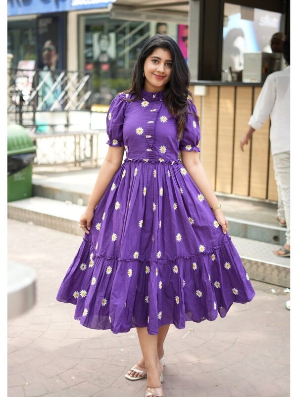 Daisy flower embroidery, Red & Lavender, Cotton Midi Kurti, Puff sleeves