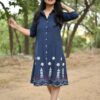 Denim blue, A-line, Midi kurti, Hand aari embroidery, One side pocket, Pure cotton, Summer wear