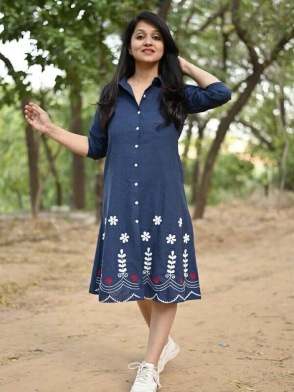 Denim blue, A-line, Midi kurti, Hand aari embroidery, One side pocket, Pure cotton, Summer wear