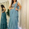 Teal Grey, Sequins Work, Wedding Mermaid Drape Kurta, Black, Zari, Mirror, Handwork, Hanging Moti Beads