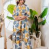Blush cotton co-ord set, bold abstract floral prints, high-low kurta, straight Plazo pants