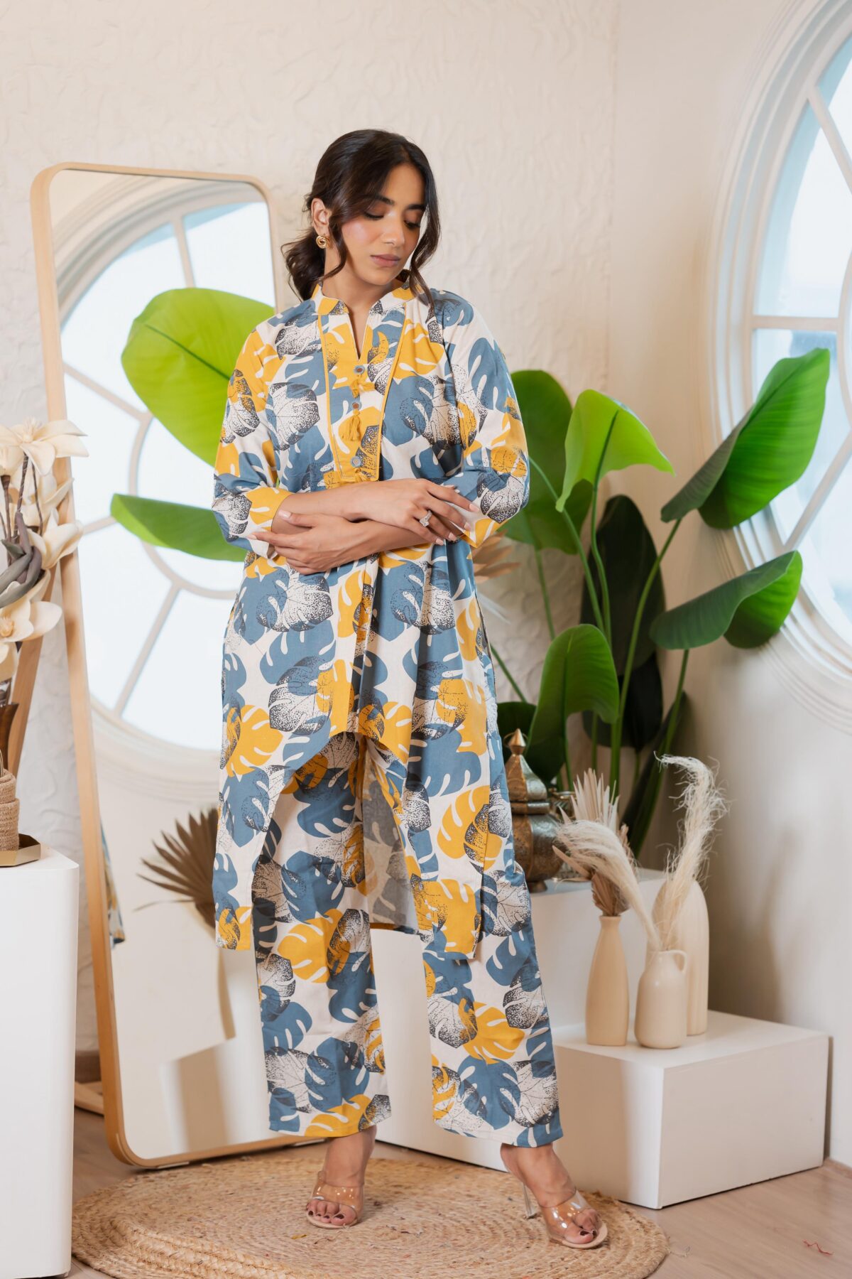 Blush cotton co-ord set, bold abstract floral prints, high-low kurta, straight Plazo pants