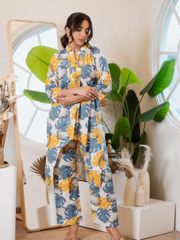 Blush cotton co-ord set, bold abstract floral prints, high-low kurta, straight Plazo pants