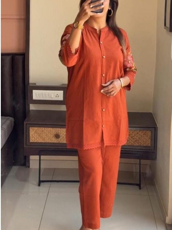 2-piece Cotton Co-ord Set, Hand Embroidery, Crochet Lace, Open Button Front, Pants with Pocket