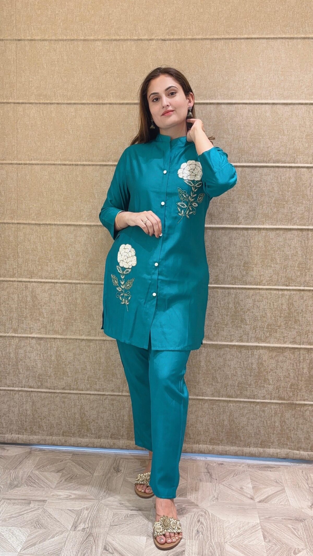 HRK Gorgeous top, matching pant set, premium pure maslin fabric, hand work