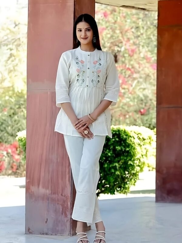 Cotton chikankari embroidered top, with pants, court set, elegant, comfortable, stylish