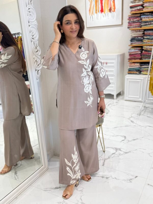 Floral appliqué, taupe, Cotton slab, Co-ord Set, kurta, bootcut pants