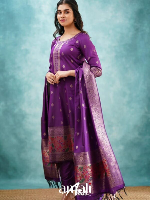 Purple Blended Paithani Silk Salwar, Kurti with Zari Border, Dupatta, Elegant Ethnic Wear
