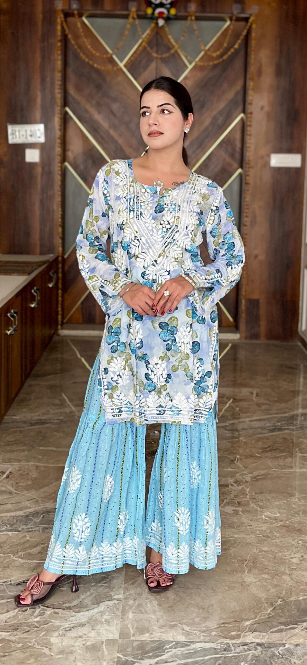 Mulmul Garara Set, Elegant Kurti, Long Sleeves, Traditional Indian Wear