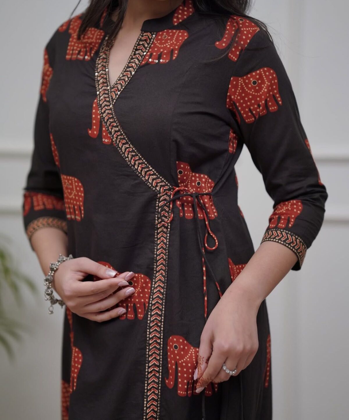 Elephant print, Cotton kurta set, A-line design, 3/4 sleeves, Dupatta, Pant