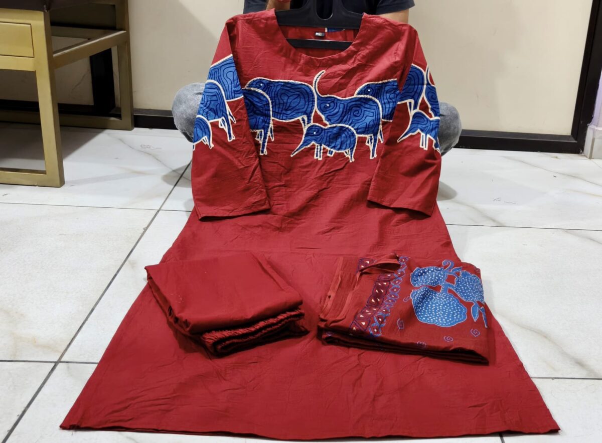 Elephant print, Cotton, A-line kurta set, straight cut, 3/4 sleeves