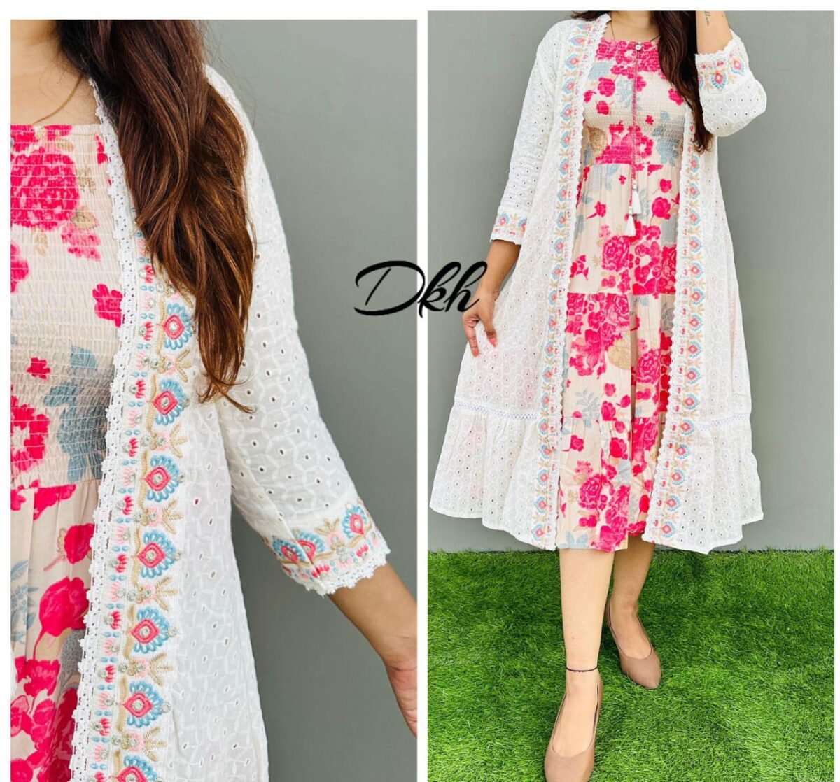 2-piece Cotton Shrug Set, Digital Printed Smoking Pattern, Embroidered Schiffli Detailing, Crocia Lace