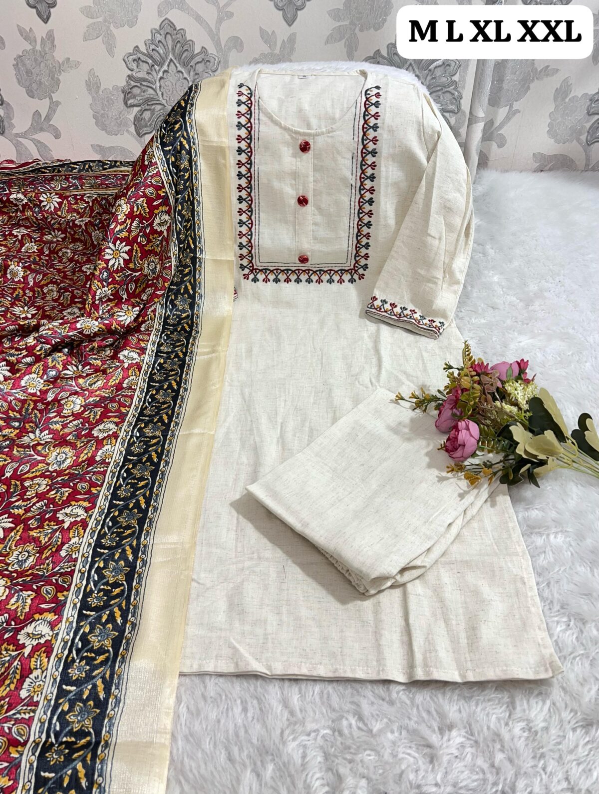 Premium Cotton Flex Kurti, Heavy Embroidery, Pant, Silk Chanderi Dupatta