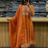 Embroidered Cotton Anarkali Kurta, Pant, Malmal Dupatta Set, Tier Pattern