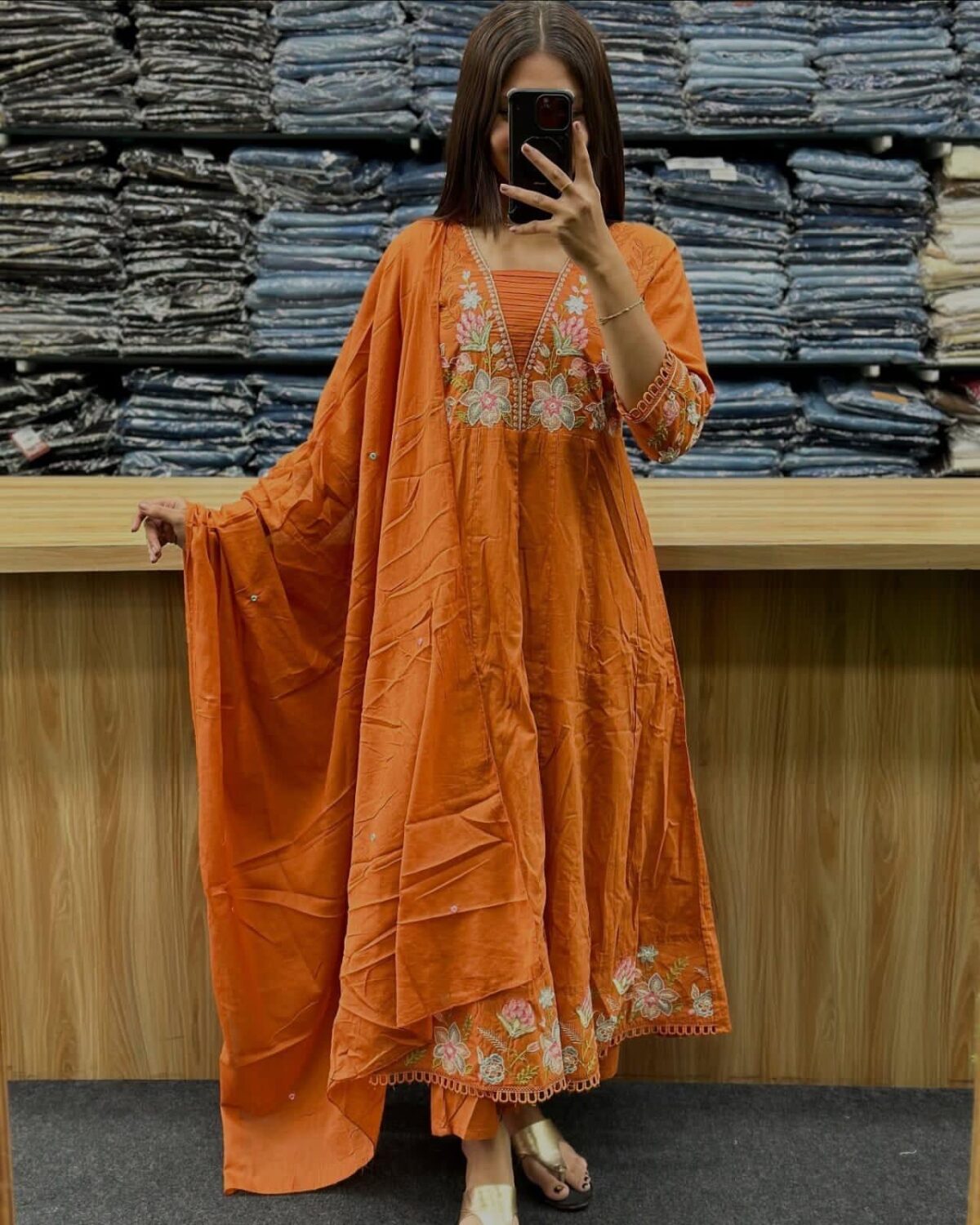 Embroidered Cotton Anarkali Kurta, Pant, Malmal Dupatta Set, Tier Pattern