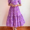 Daisy flower embroidery, Red & Lavender, Cotton Midi Kurti, Puff sleeves