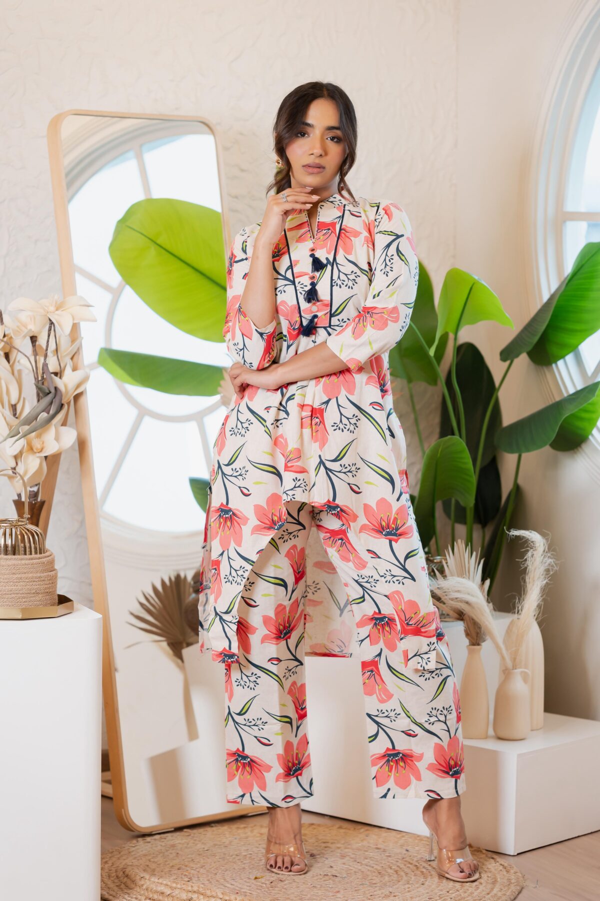 Blush cotton co-ord set, bold abstract floral prints, high-low kurta, straight Plazo pants