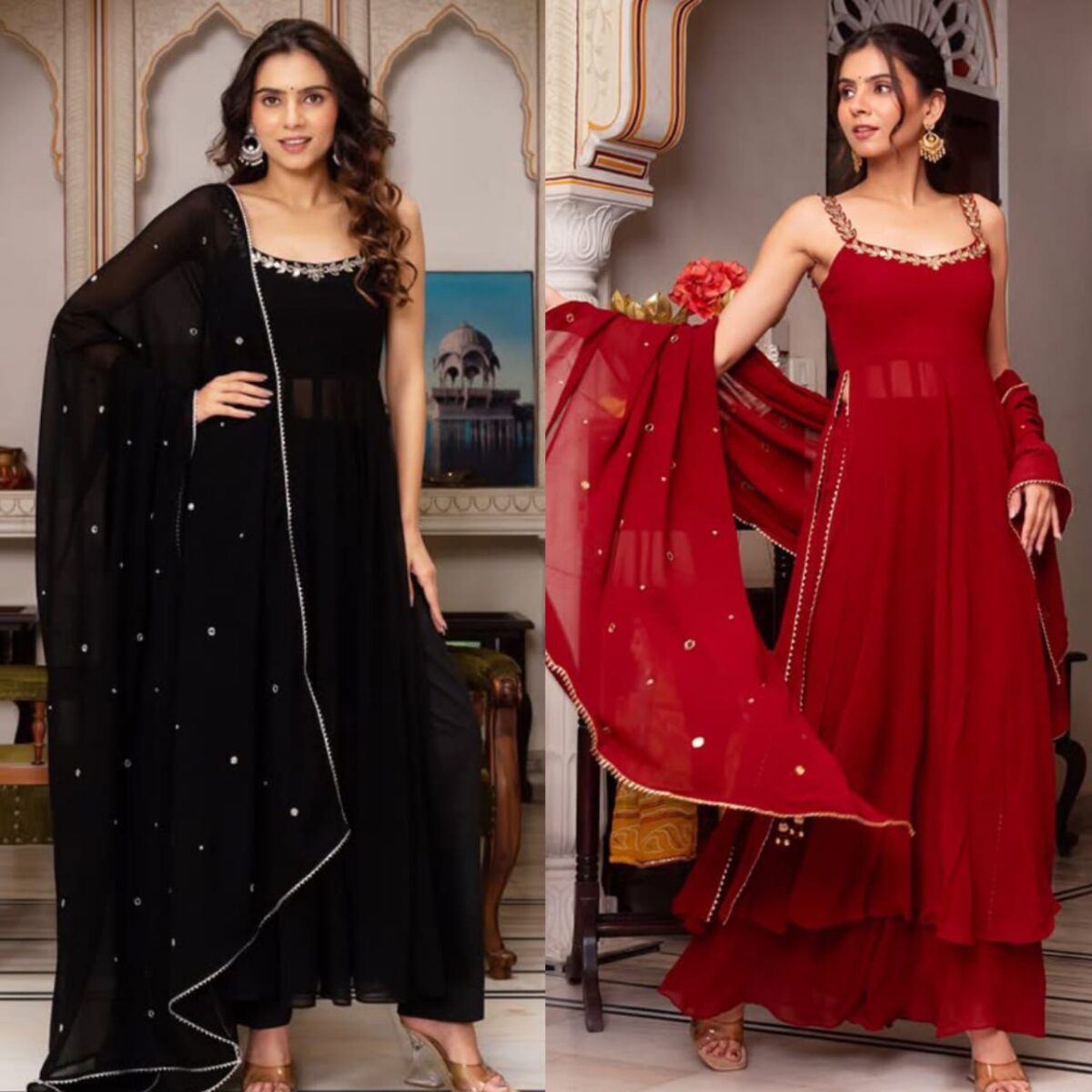 Blooming Fox Georgette, Designer Party Gown, Flared Plazo, Heavy Embroidery, Festive Wear